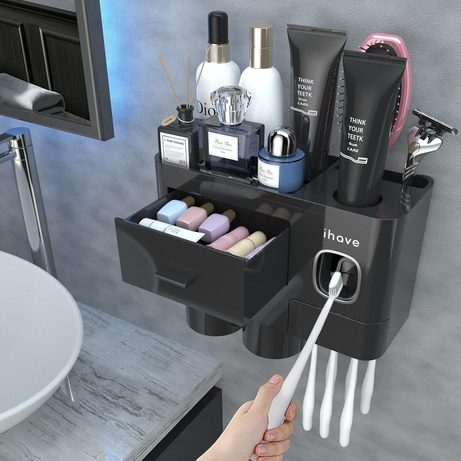Buy now iHave Toothbrush Holders for Bathrooms, 4 Cups Toothbrush Holder Wall Mounted with Toothpaste Dispenser - Large Capacity Tray, 2 Cosmetic Drawer - Bathroom Organizer & Bathroom Accessories Set 2 cup Black at indiglob india