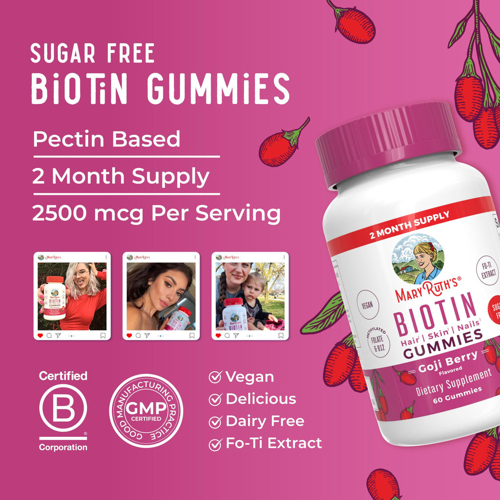 MARYRUTH'S Biotin Gummies, Hair Growth, Vegan, Sugar Free, Non-GMO, 60 Ct | Sugar Free, Vegan, Non-GMO, 2,500 mcg Biotin, Hair Skin and Nails