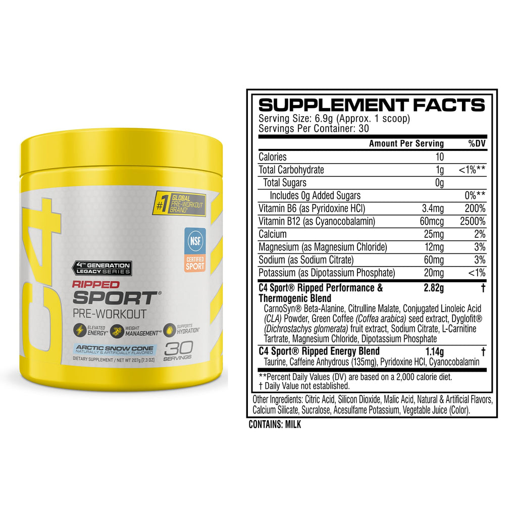 C4 Ripped Sport Pre Workout Powder, 135mg Caffeine, 30 Servings | Arctic snow cone flavor with 135mg caffeine, CLA, DygloFit & L-carnitine for energy, endurance and metabolism support.