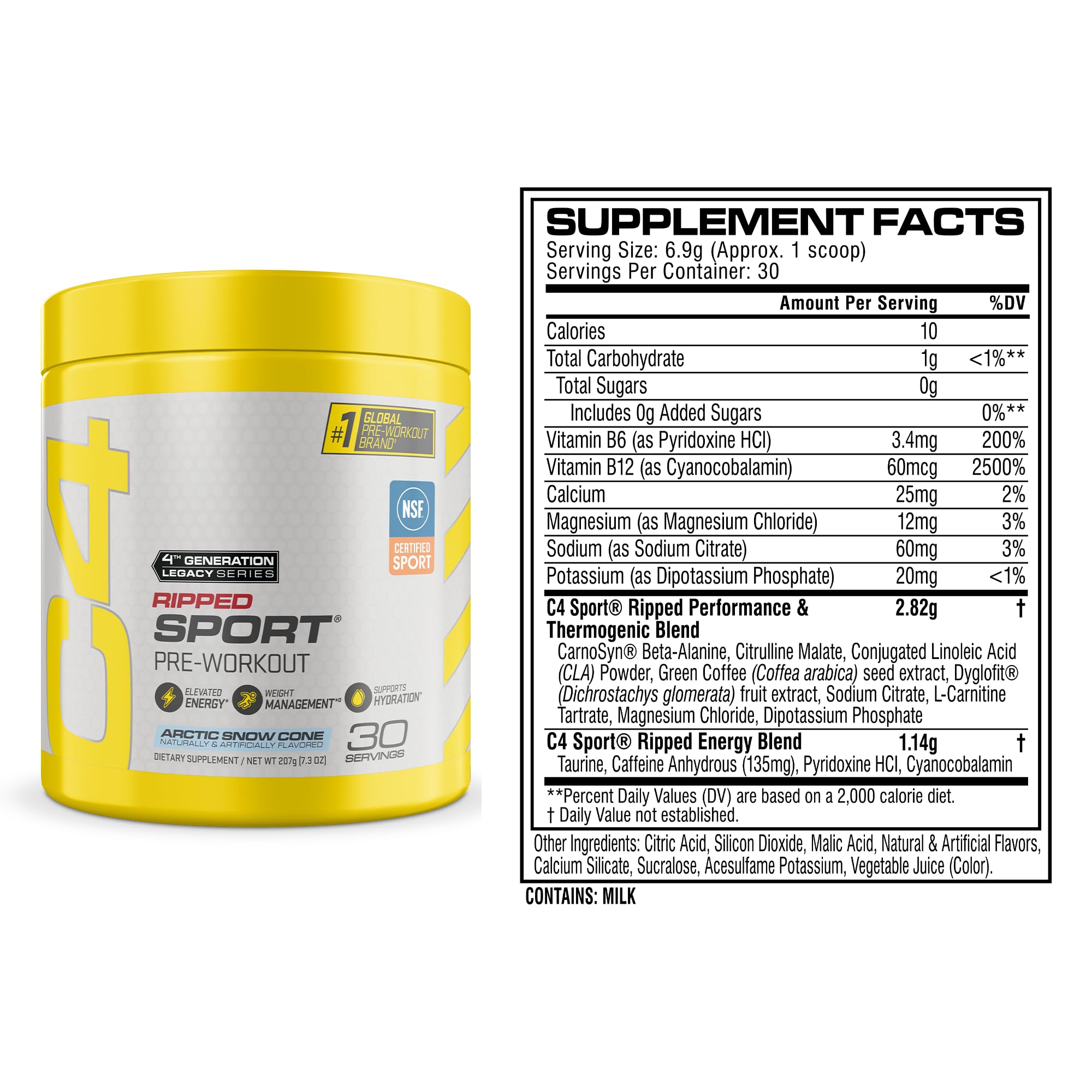 C4 Ripped Sport Pre Workout Powder, 135mg Caffeine, 30 Servings | Arctic snow cone flavor with 135mg caffeine, CLA, DygloFit & L-carnitine for energy, endurance and metabolism support.