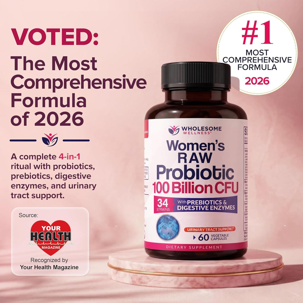 Wholesome Wellness Dr. Formulated Raw Probiotics for Women 100 Billion CFUs Capsules with Prebiotics, Digestive Enzymes, Approved for Adults, Shelf Stable Supplement
