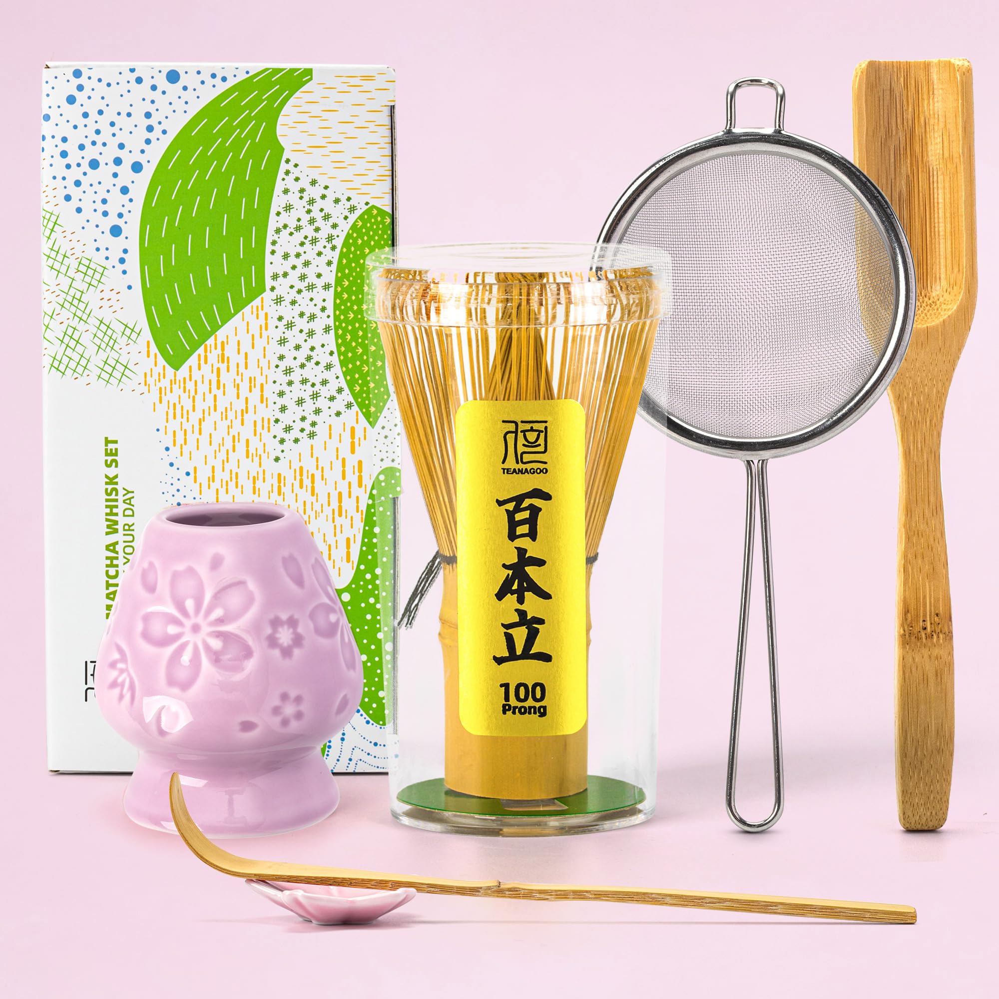 Buy now TEANAGOO MA-01 Japanese Matcha Ceremony Accessory, Matcha Whisk (Chasen), Traditional Scoop (Chashaku), Tea Spoon, Whisk Holder, The Perfect Set to Prepare a Traditional Cup of Matcha.… 6-PCS Purple Cherry Blossom-A at indiglob india