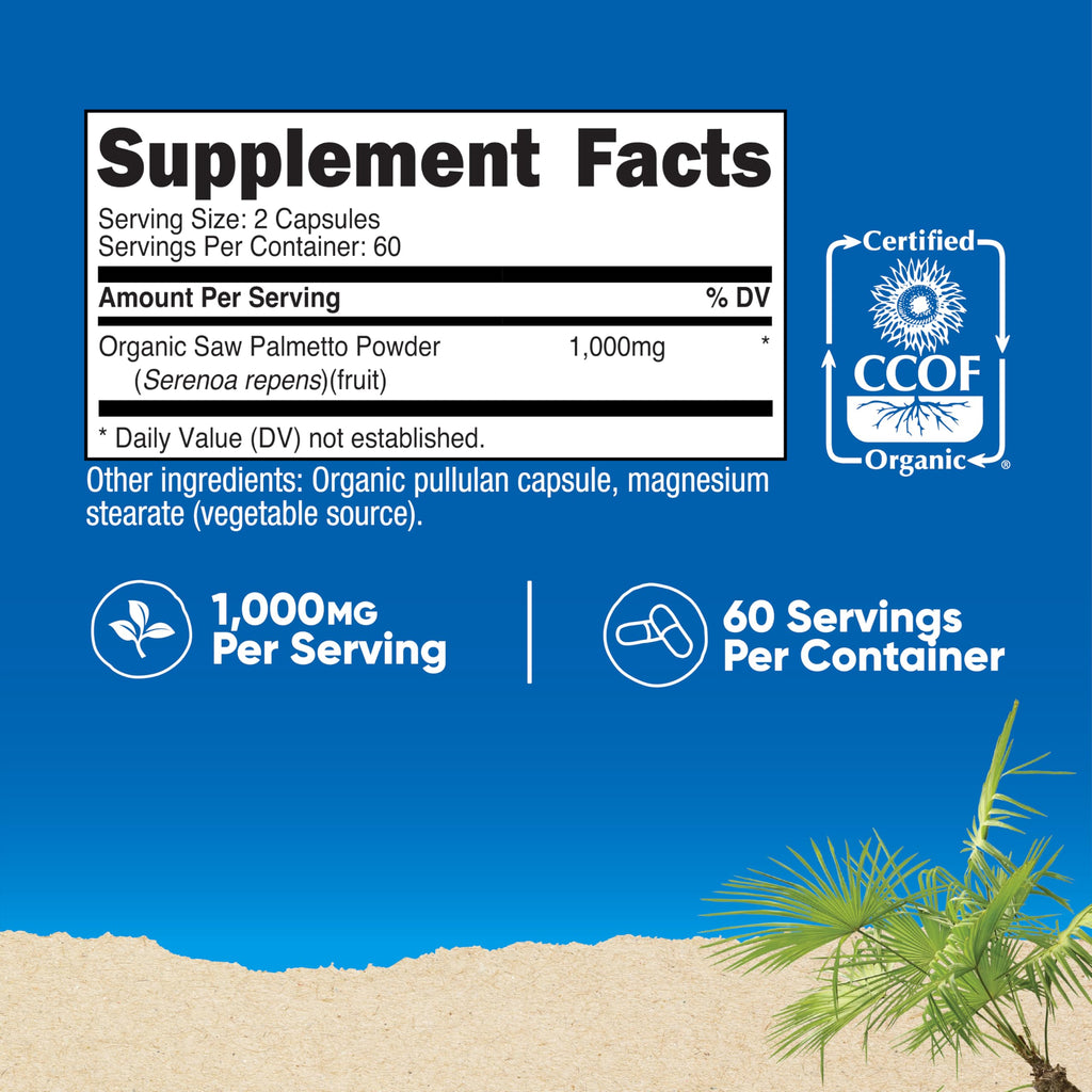 Nutricost Saw Palmetto (1000mg) 120 Capsules, 60 Servings, CCOF Organic | Vegetarian Friendly, 500mg Per Capsule, Gluten Free