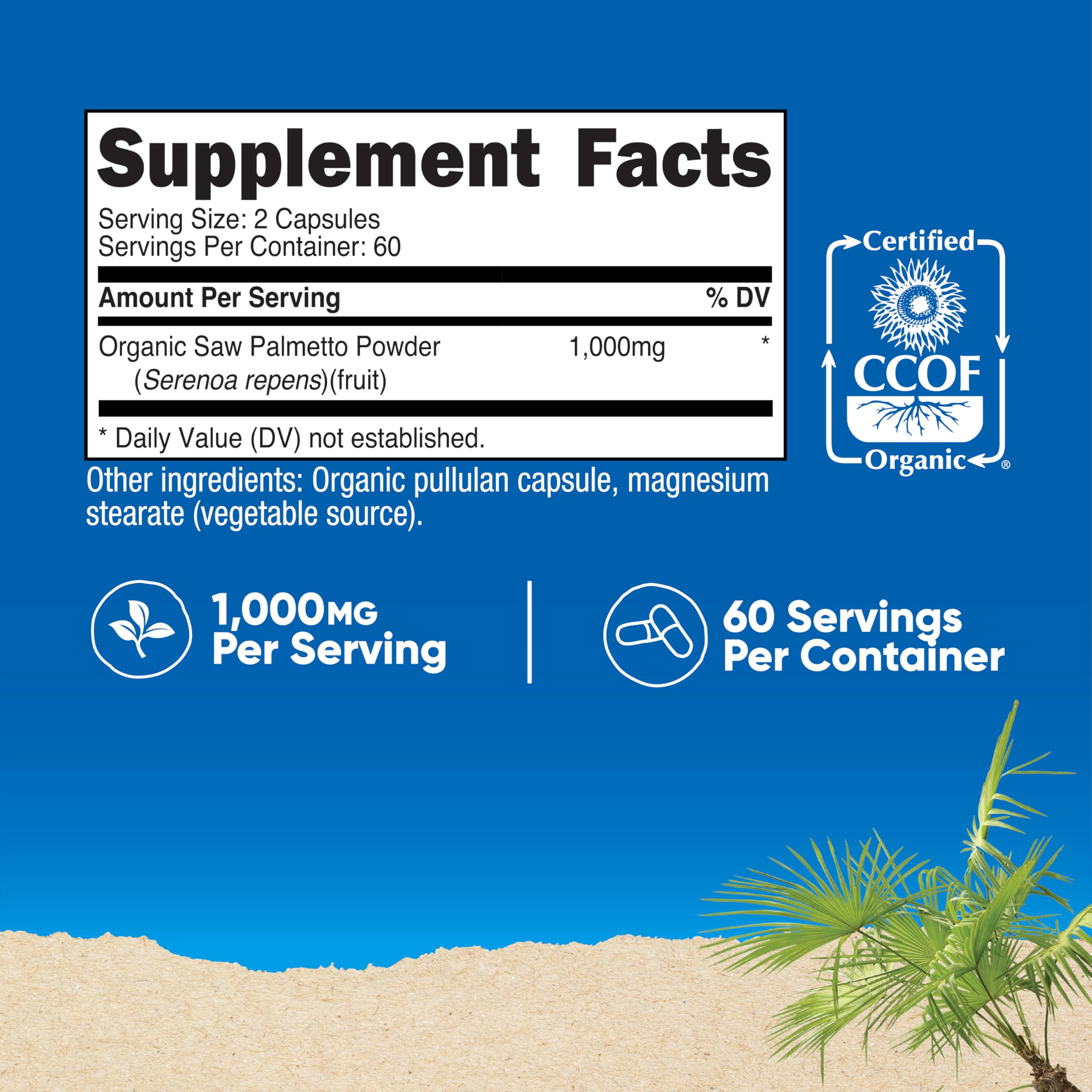 Nutricost Saw Palmetto (1000mg) 120 Capsules, 60 Servings, CCOF Organic | Vegetarian Friendly, 500mg Per Capsule, Gluten Free