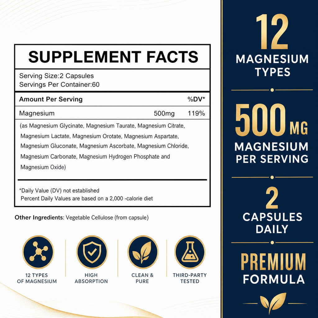 Magnesium Glycinate 500mg, 12-in-1 Magnesium Complex, 120 Capsules | Includes Magnesium Glycinate, Citrate, Taurate, Orotate and other complementary magnesium forms for daily nutrition