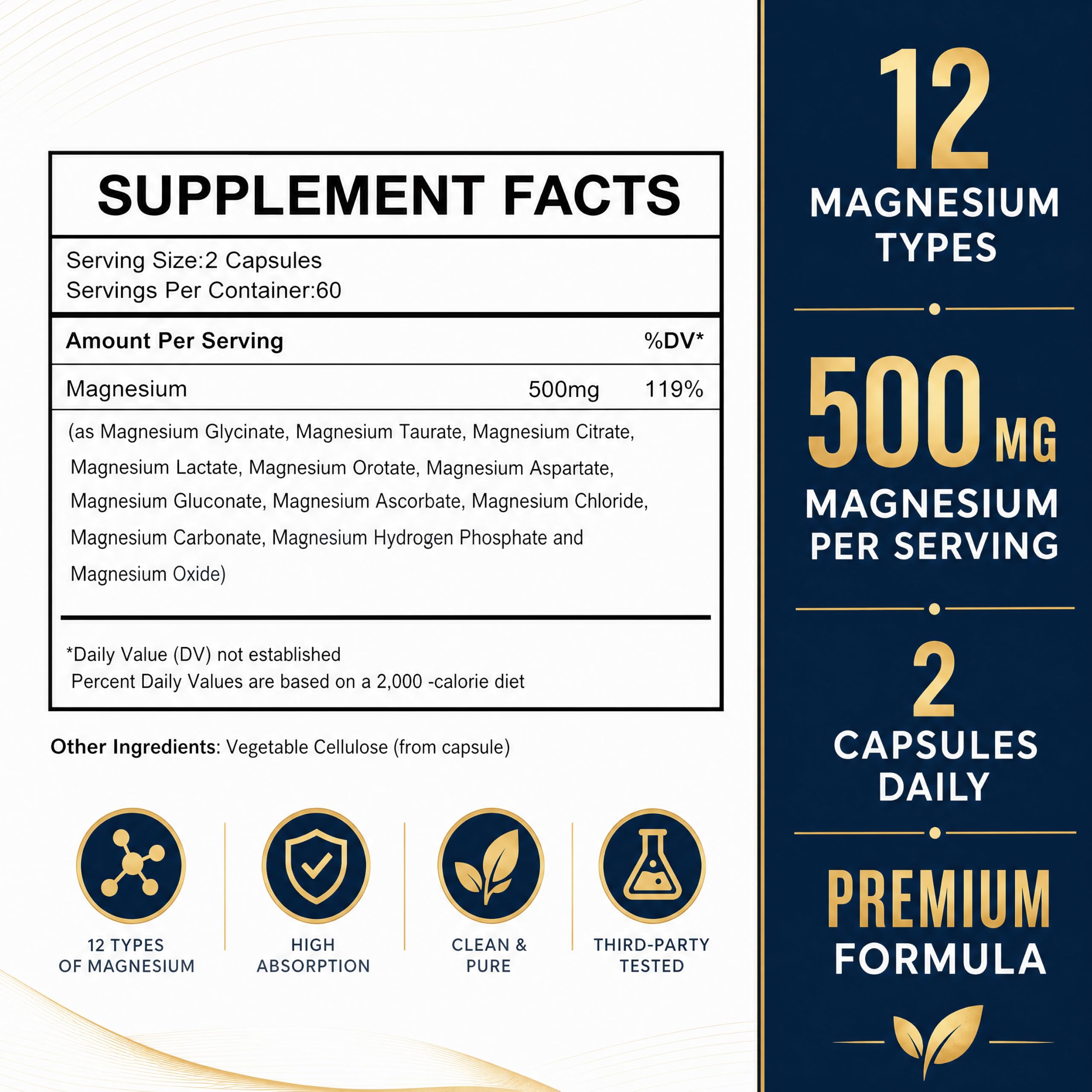 Magnesium Glycinate 500mg, 12-in-1 Magnesium Complex, 120 Capsules | Includes Magnesium Glycinate, Citrate, Taurate, Orotate and other complementary magnesium forms for daily nutrition