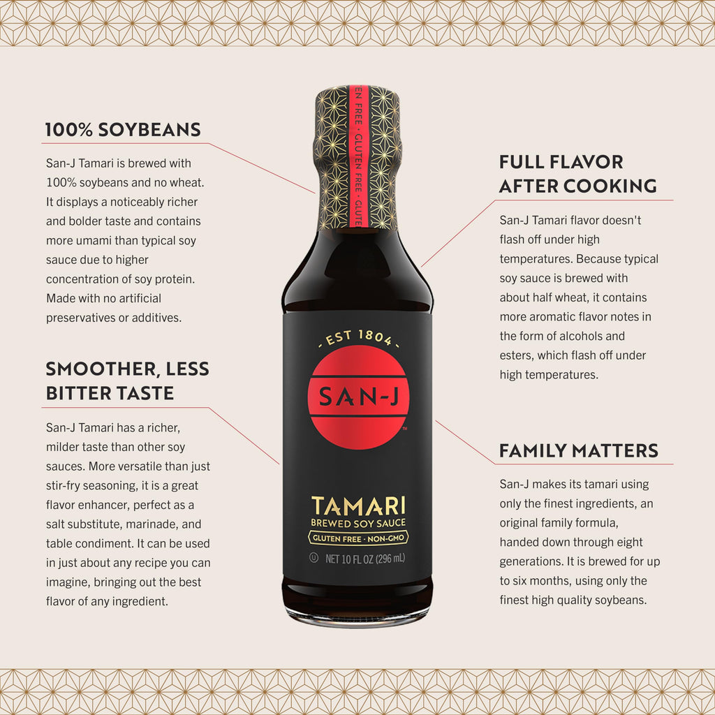 San-J - Gluten Free Tamari Soy Sauce - Specially Brewed - Made with 100% Soy - 10 oz. Bottles - 2 Pack