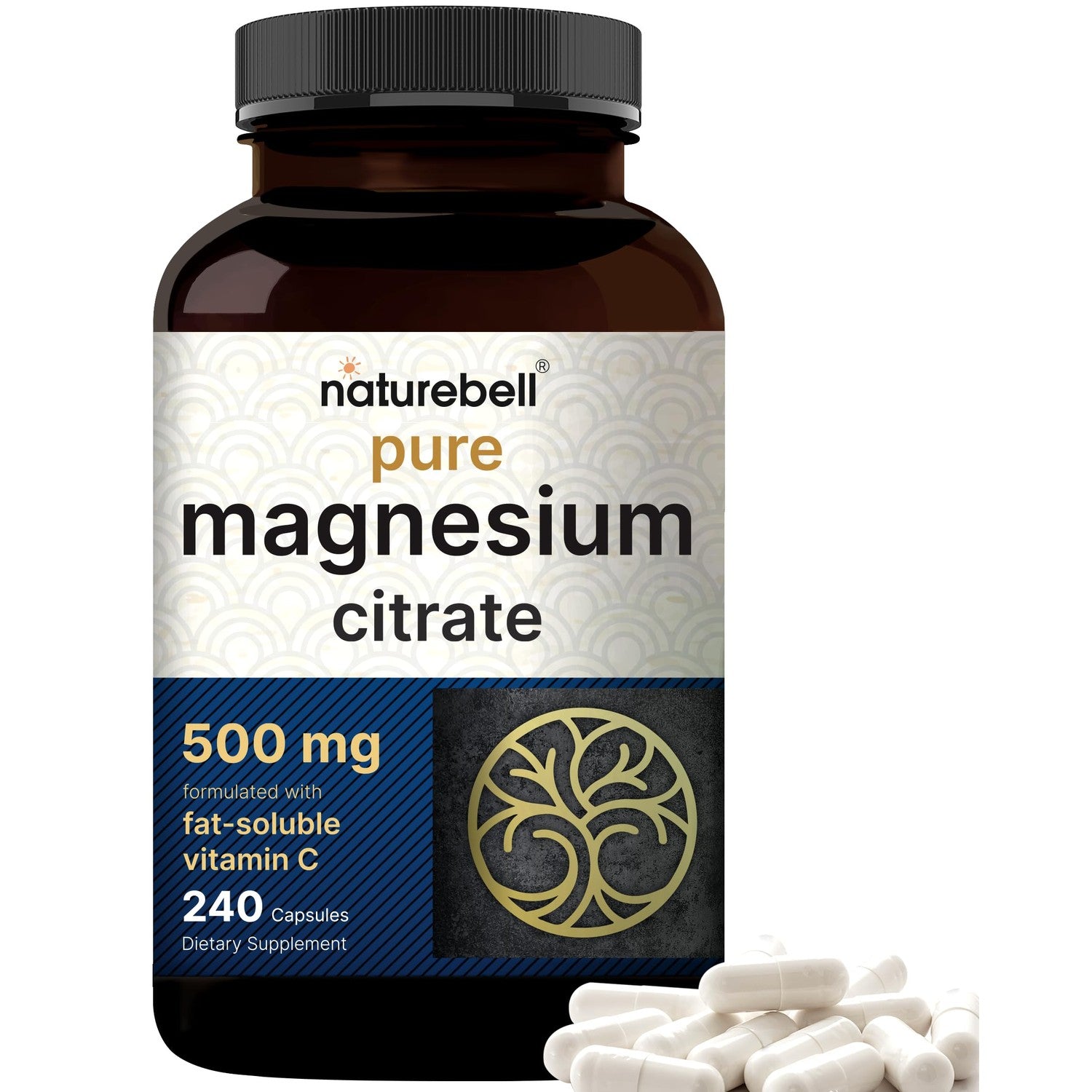 NatureBell Pure Magnesium Citrate 500mg per 3 Capsules Serving Size, 240 Capsules per Bottle | High-Purity Elemental Form | Non-GMO, Gluten-Free