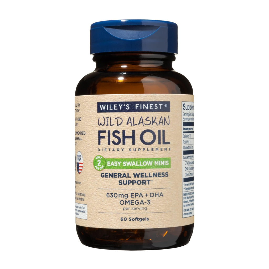 Wiley's Finest Wild Alaskan Easy Swallow Minis, 120 Count (Pack of 1) | Wild Alaskan Fish Oil, Easy Swallow Mini Softgels, 630 mg EPA and DHA, Omega-3 Supplement for Adults and Kids