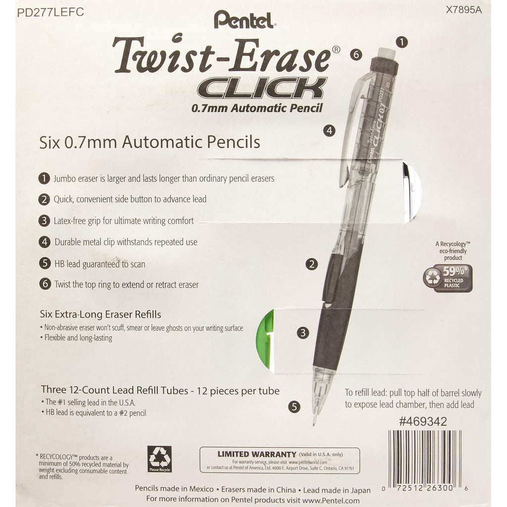 Pentel Twist-Erase Click Mechanical Pencils 0.7mm, HB #2, School Supplies, Teacher Supplies, Drawing Sketching pencils, Assorted Barrel Colors- 6 Mechanical Pencils, 6 Erasers, 3 Tubes of Lead Refills