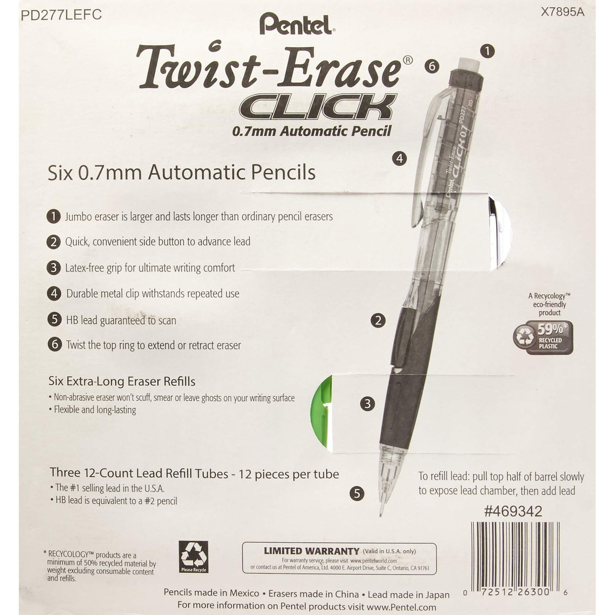 Pentel Twist-Erase Click Mechanical Pencils 0.7mm, HB #2, School Supplies, Teacher Supplies, Drawing Sketching pencils, Assorted Barrel Colors- 6 Mechanical Pencils, 6 Erasers, 3 Tubes of Lead Refills