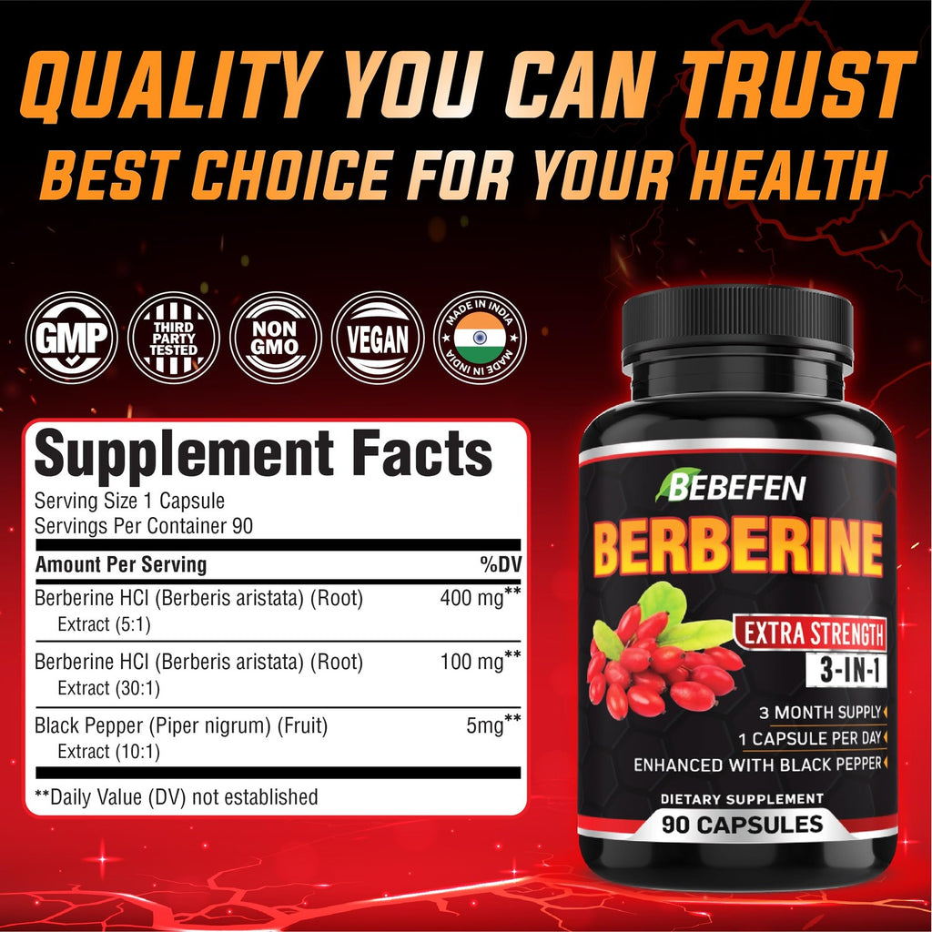 Berberine Capsules with Black Pepper Extract - 90 Capsules - 3 Month Supply