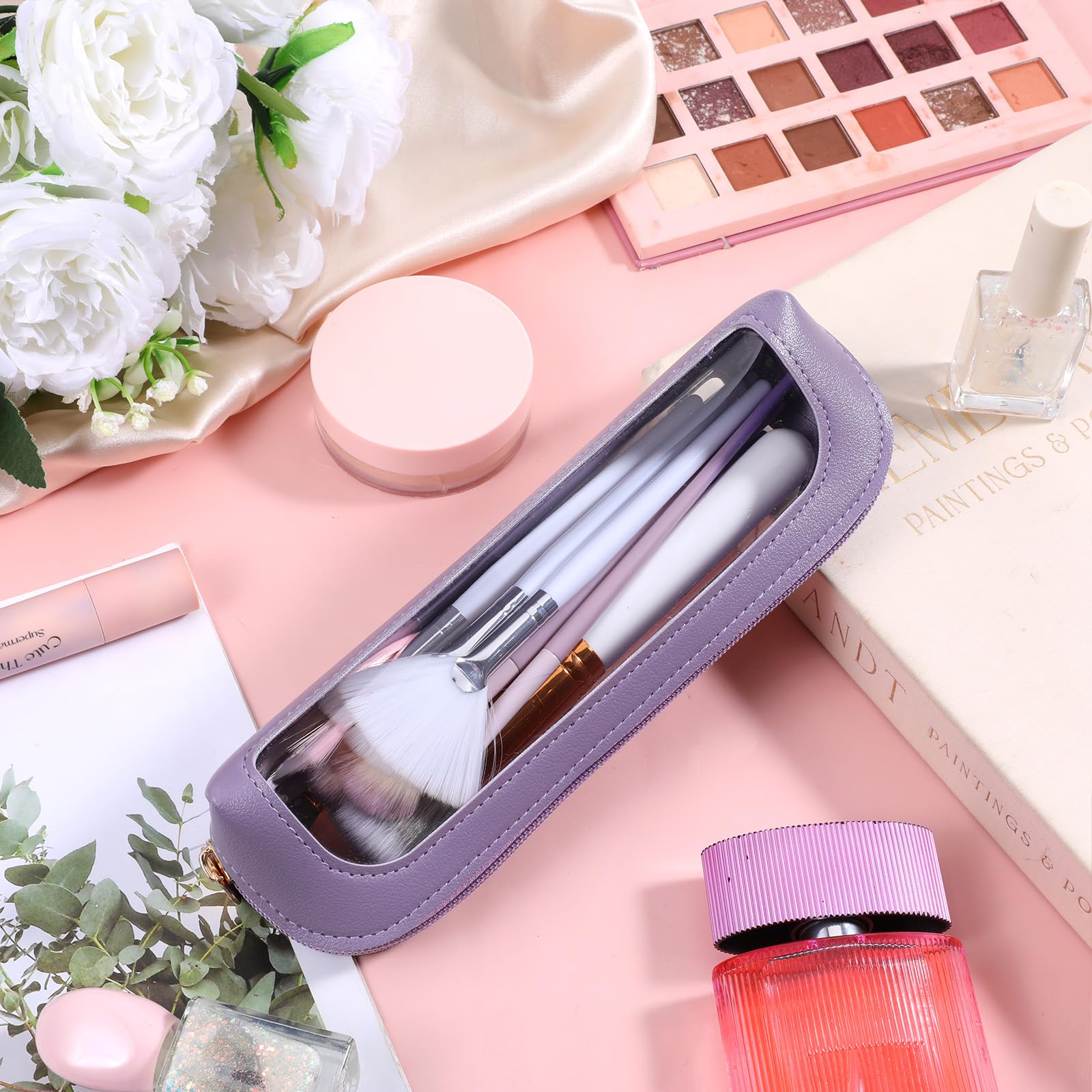 Stylish small makeup bag with clear design, perfect for organizing brushes and cosmetics. Ideal for travel and daily use.