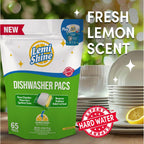 Lemi Shine Natural Dishwasher Detergent Pacs with Dishwasher Cleaner Pouch - Eco Friendly Cleaning Supplies - 31.8 oz (65 Count)