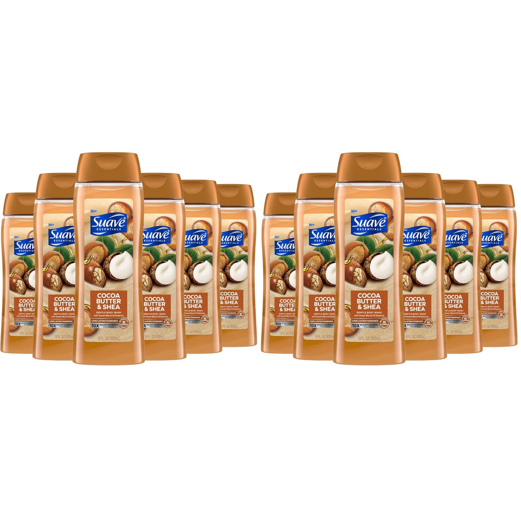 Suave Moisturizing Body Wash, Cocoa Butter and Shea with Vitamin E Extract, No Parabens, No Phtahaltes, 18 Oz (Pack of 12)