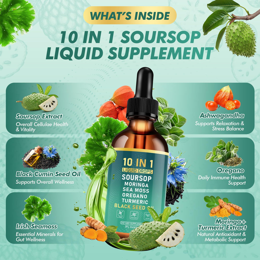 Dobeko Soursop Bitters Liquid Drops, Bitter Herbs with Soursop Extract, Ashwagandha, Sea Moss & Black Seed Oil, Formulated for Immune Wellness, Antioxidant Support & Healthy Digestion, 2 FL Oz