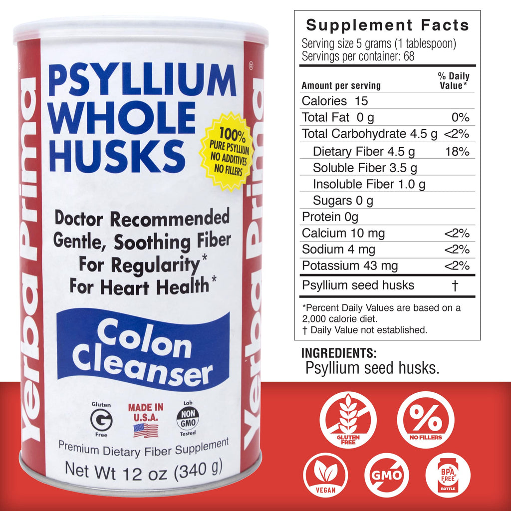 Yerba Prima Psyllium Whole Husks, Colon Cleanser 12 oz (Pack of 2) - All Natural Dietary Fiber, Pure Premium Psyllium, Lab-Tested Non-GMO, Gluten-Free Fiber