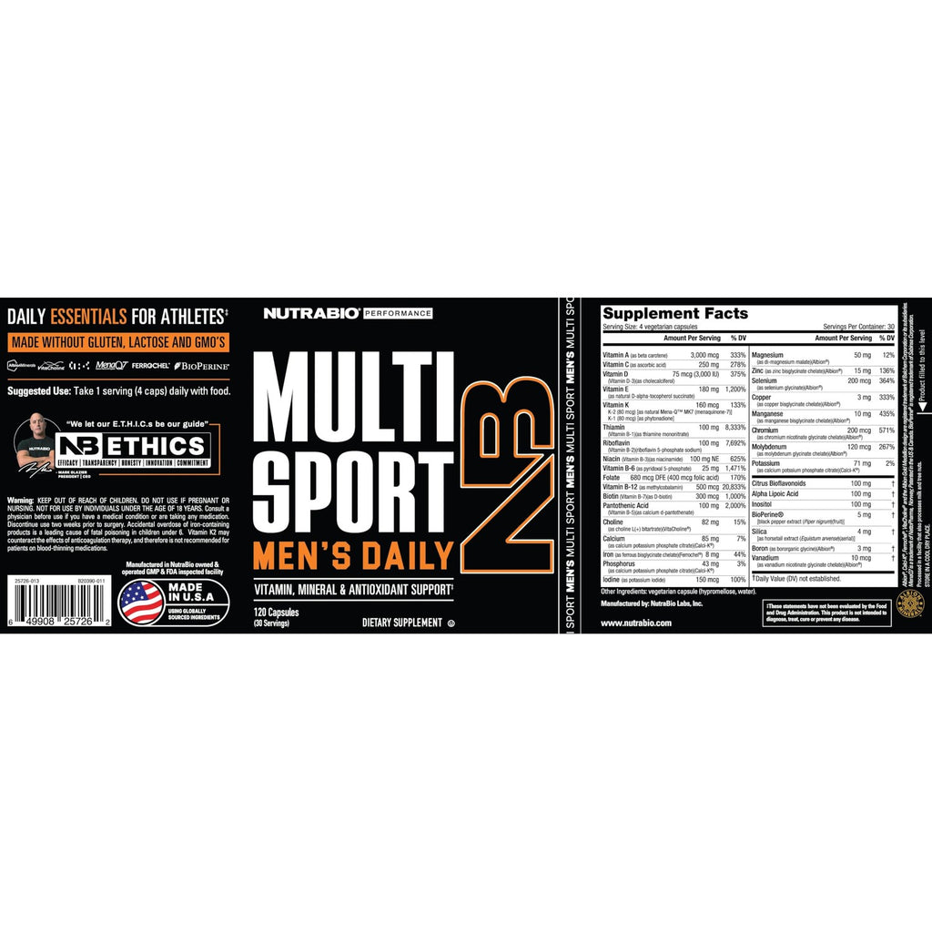 NutraBio Multisport for Men - Mens MultiVitamin - 33 Vitamins, Minerals, Micronutrients - Rich in Antioxidants - Supports Peak Athletic Performance, Energy, Metabolism (120 Vegetable Capsules)
