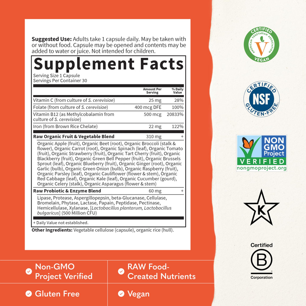 Garden of Life Vitamin Code Raw Iron Supplement - 30 Vegan Capsules, 22mg Once Daily Iron, Vitamins C, B12, Folate, Fruit, Veggies & Probiotics, Iron Supplements for Women, Energy & Anemia Support