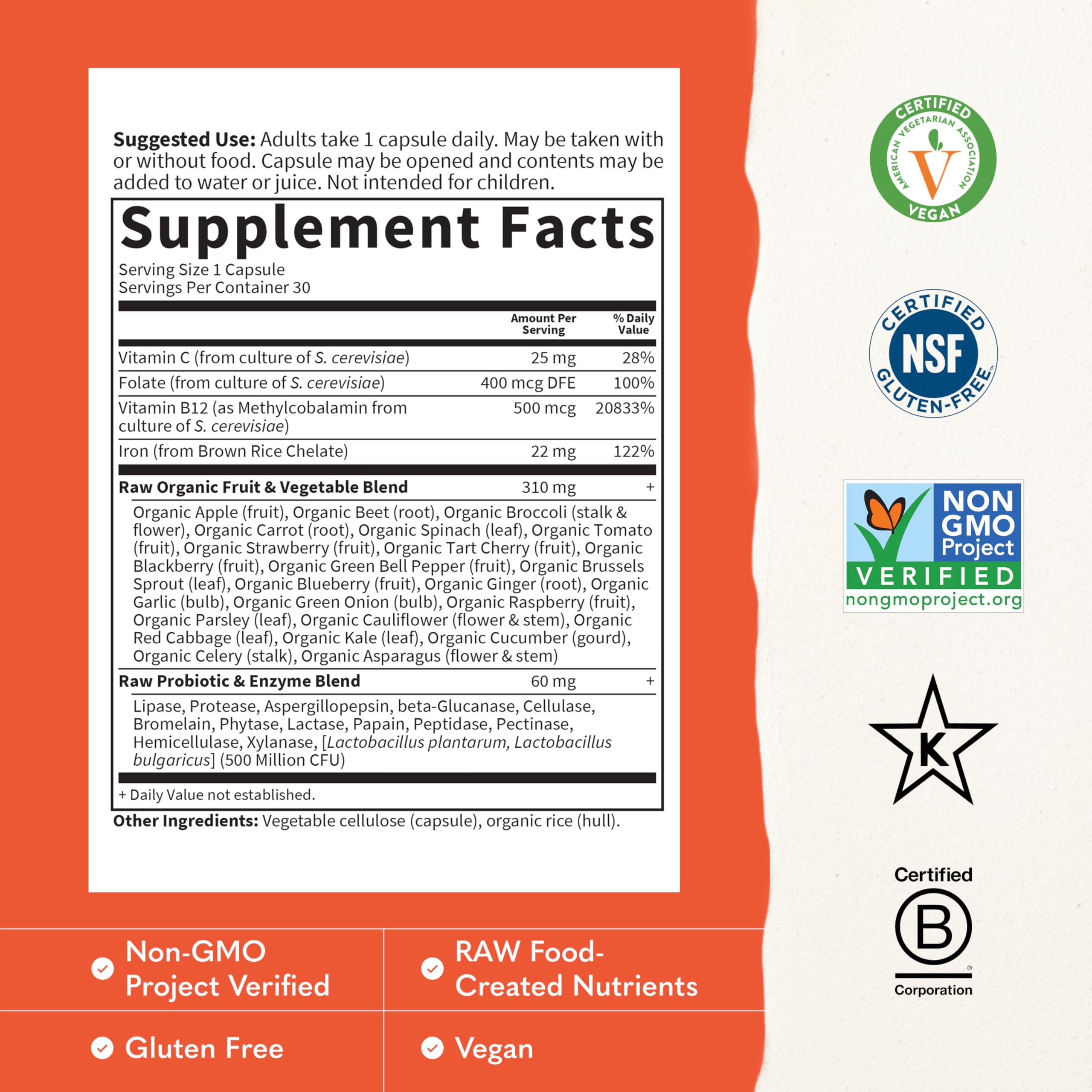 Garden of Life Vitamin Code Raw Iron Supplement - 30 Vegan Capsules, 22mg Once Daily Iron, Vitamins C, B12, Folate, Fruit, Veggies & Probiotics, Iron Supplements for Women, Energy & Anemia Support