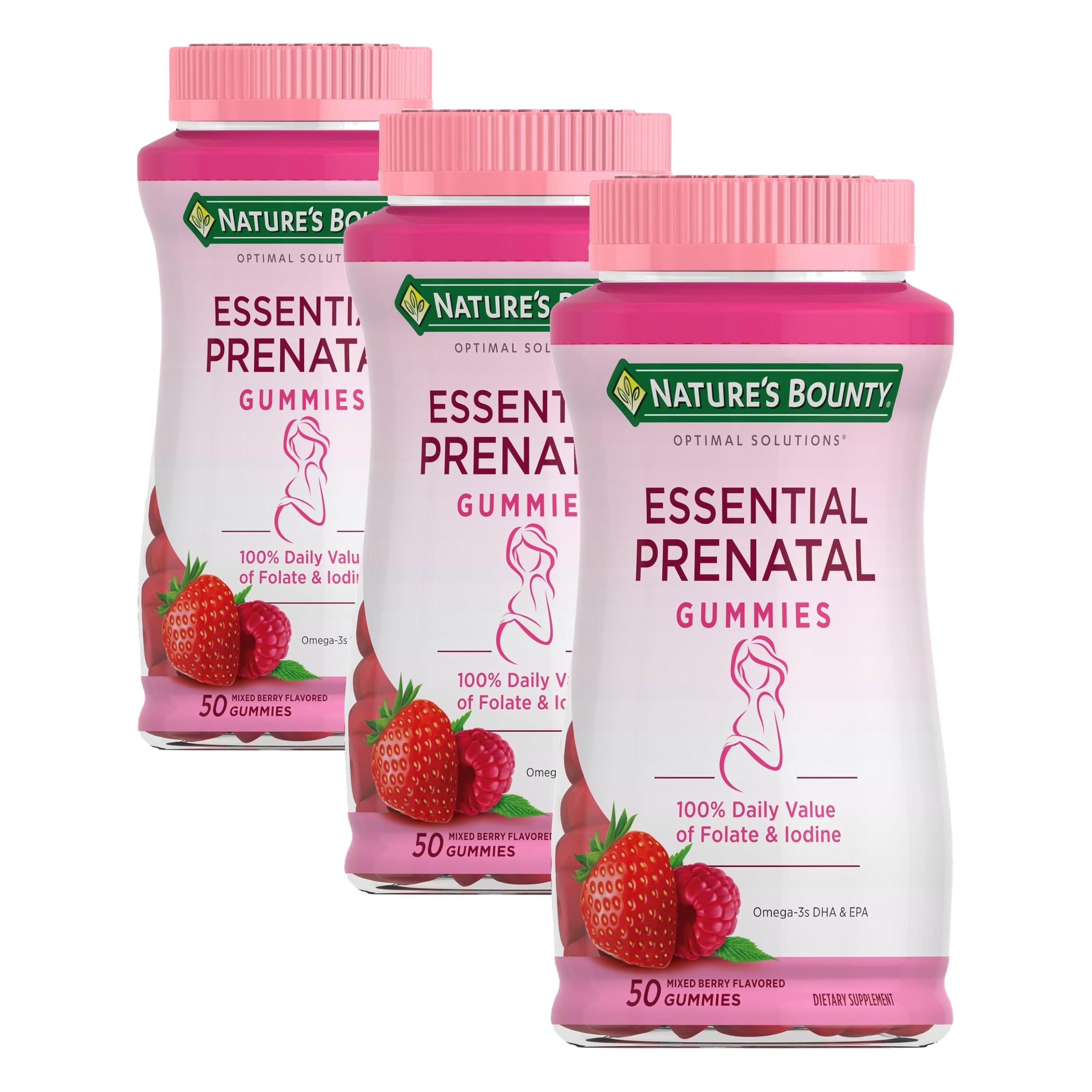 Nature's Bounty Optimal Solutions Essential Prenatal Gummies, 50 Count | Folic Acid and Iodine, Omega 3 and DHA, 25 Total Servings