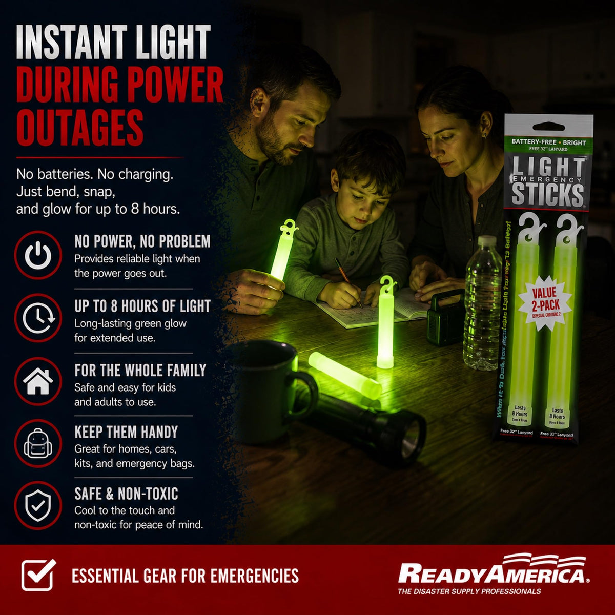 Ready America 27217 8-Hour Emergency Lightsticks, Green (2 Pack)