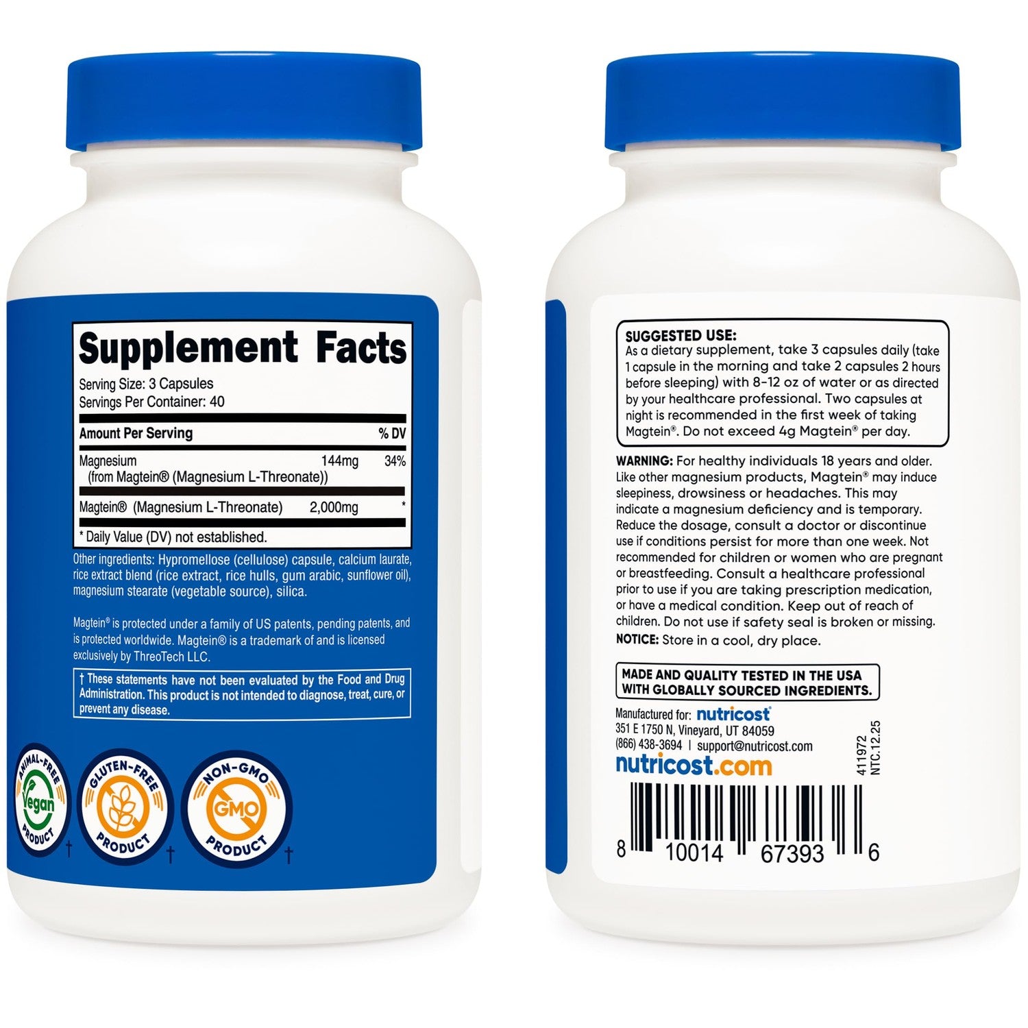 Nutricost Magnesium L-Threonate As Magtein 2000mg, 120 Capsules, GMO-Free | Gluten Free, Vegetarian Friendly