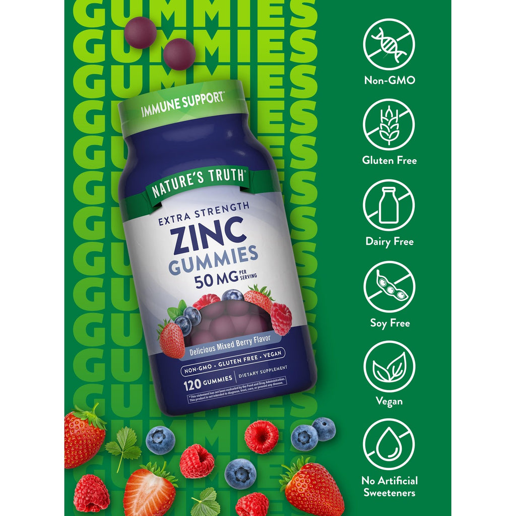Nature's Truth Zinc Gummies for Adults | 50mg | 120 Count | Vegan, Non-GMO & Gluten Free Supplement | Mixed Berry Flavor