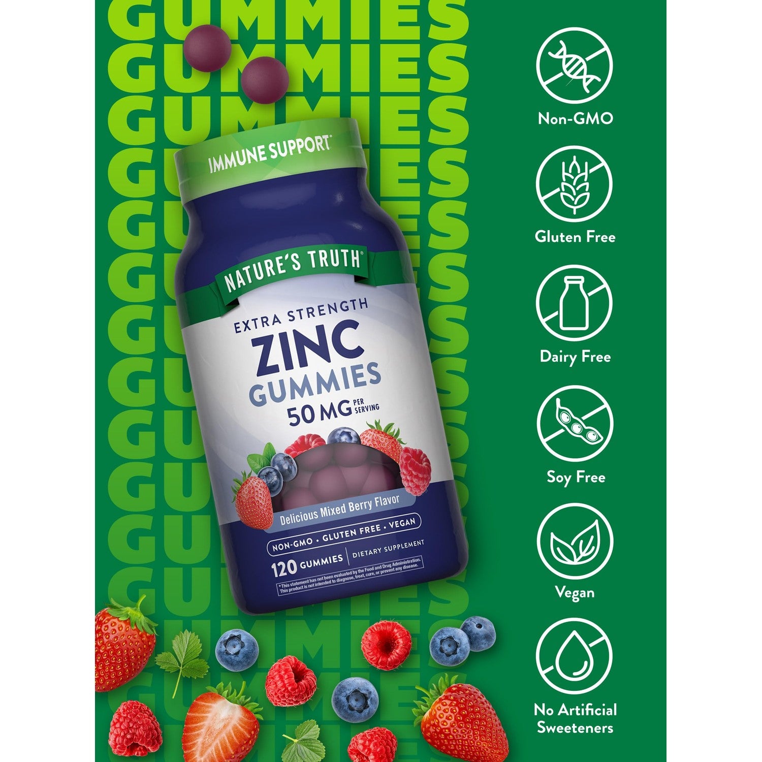 Nature's Truth Zinc Gummies for Adults | 50mg | 120 Count | Vegan, Non-GMO & Gluten Free Supplement | Mixed Berry Flavor