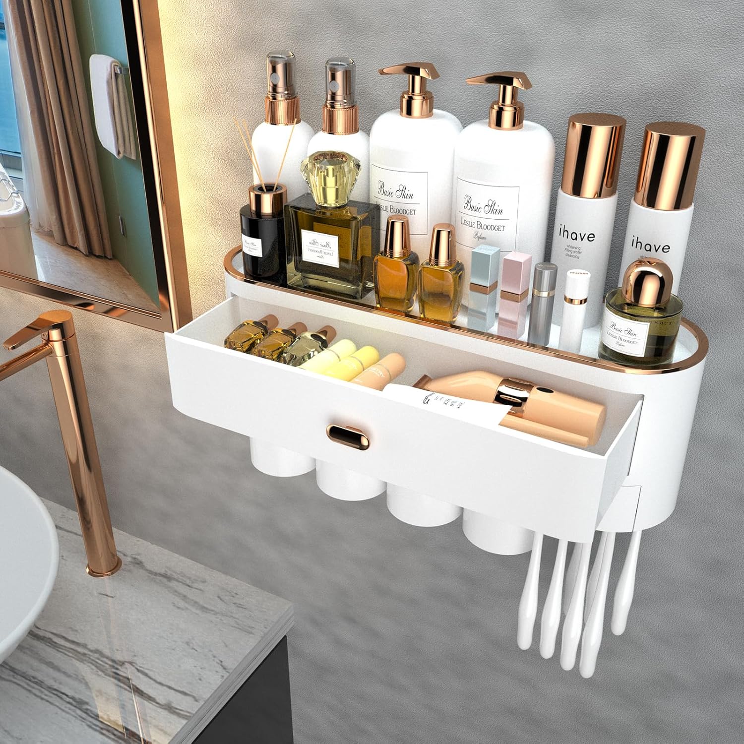 Buy now iHave Toothbrush Holders for Bathrooms, 4 Cups Toothbrush Holder Wall Mounted with Toothpaste Dispenser - Large Capacity Tray, 2 Cosmetic Drawer - Bathroom Organizer & Bathroom Accessories Set 4 cup New!-whtie Gold at indiglob india