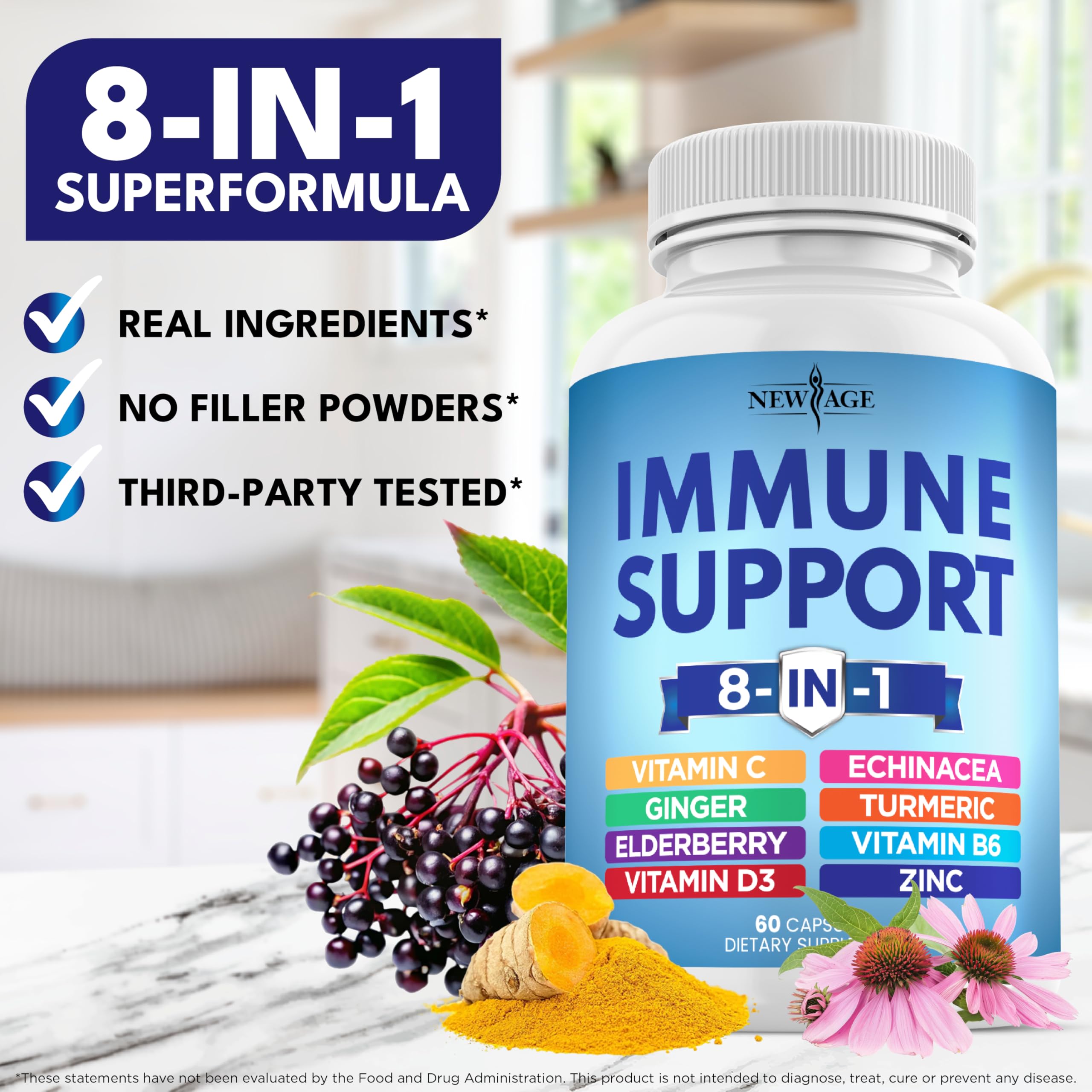 8 in 1 Immune Support Booster Supplement with Echinacea, Vitamin C and Zinc 50mg, Vitamin D 5000 IU, Turmeric Curcumin & Ginger, B6, Elderberry (8 in 1 Capsules (Pack of 3))
