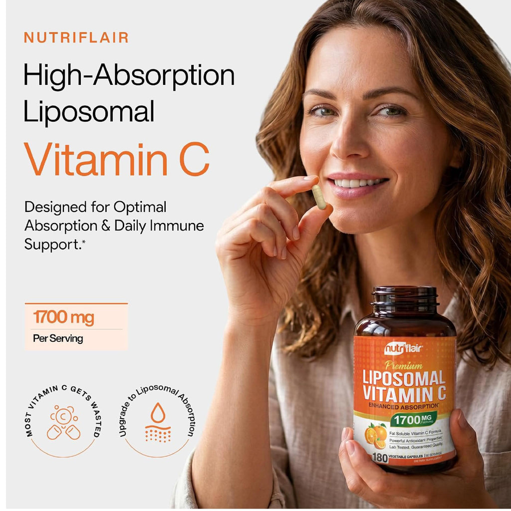 NutriFlair Liposomal Vitamin C 1700mg, 180 Capsules - High Absorption, Fat Soluble VIT C, Higher Bioavailability Immune System Support & Collagen Booster, Non-GMO, Vegan Pills