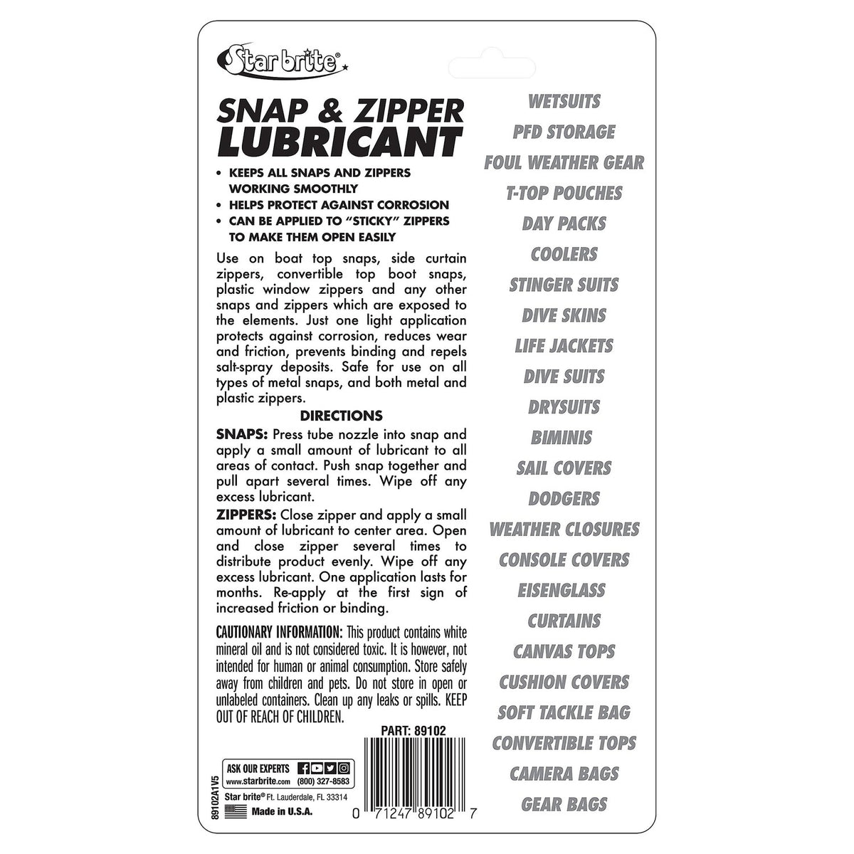 STAR BRITE Snap & Zipper Lubricant - Clear, Non-staining for Clothes, Jeep Tops, Wetsuits, Dive Suits, Gear Bags, Coolers, Biminis, Cushion Covers & More 1.75 OZ (089102)
