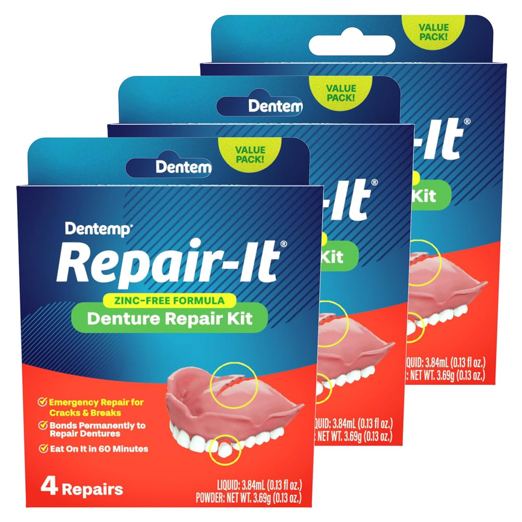 Buy now Dentemp Repair Kit - Repair-It Advanced Formula Denture Repair Kit - Repairs Broken Dentures, Mends Cracks and Replace Loose Teeth Pack of 3 (12 Repairs) at indiglob india