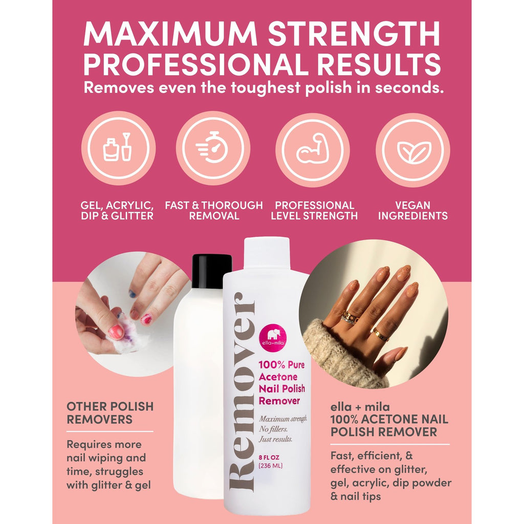 ella+mila 100% Pure Acetone Nail Polish Remover for Acrylic & Gel, 8 fl oz