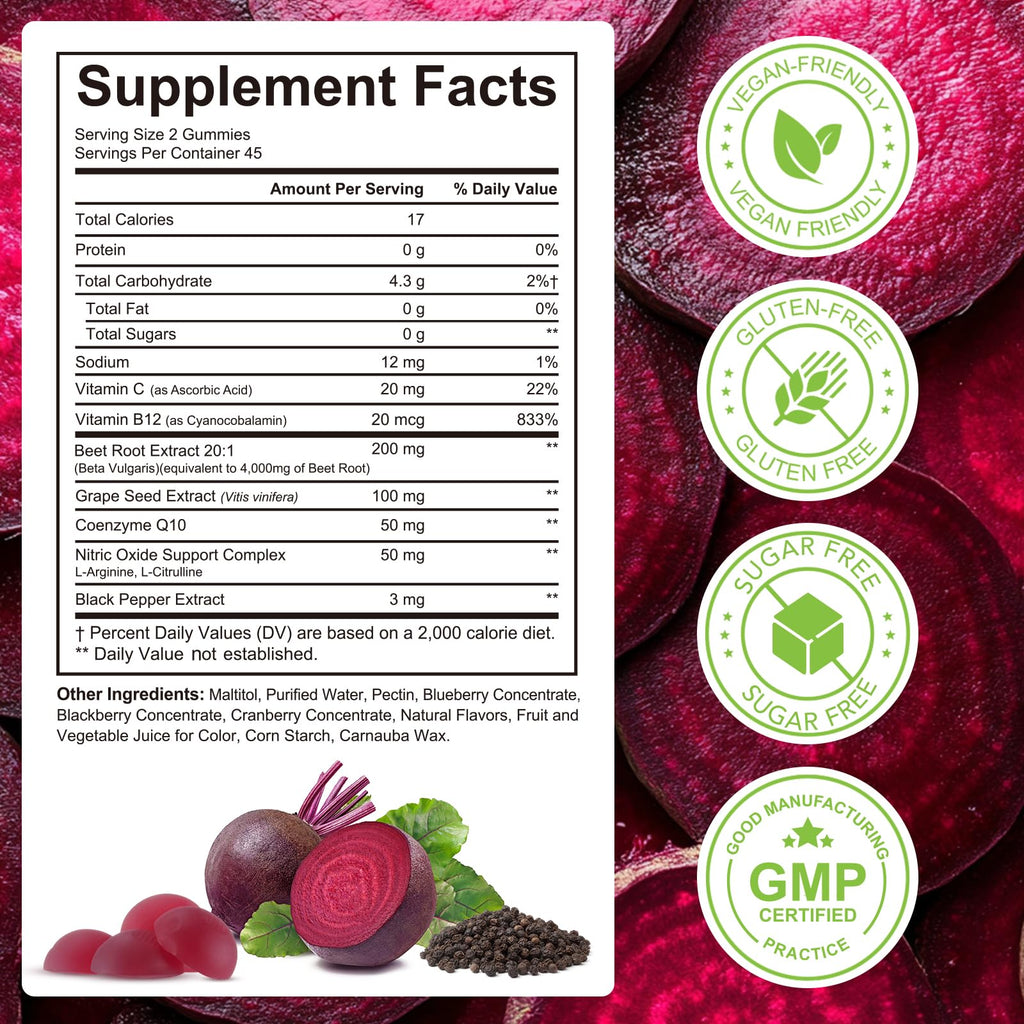 90 Chews Beet Root Gummies, Sugar Free | 8 in 1 Beet Root Extract with CoQ10, Grapeseed Extract 90 Chews for Antioxidant, Promoting Nitric Oxide, Energy Level Suport, with Vitamin B12, C