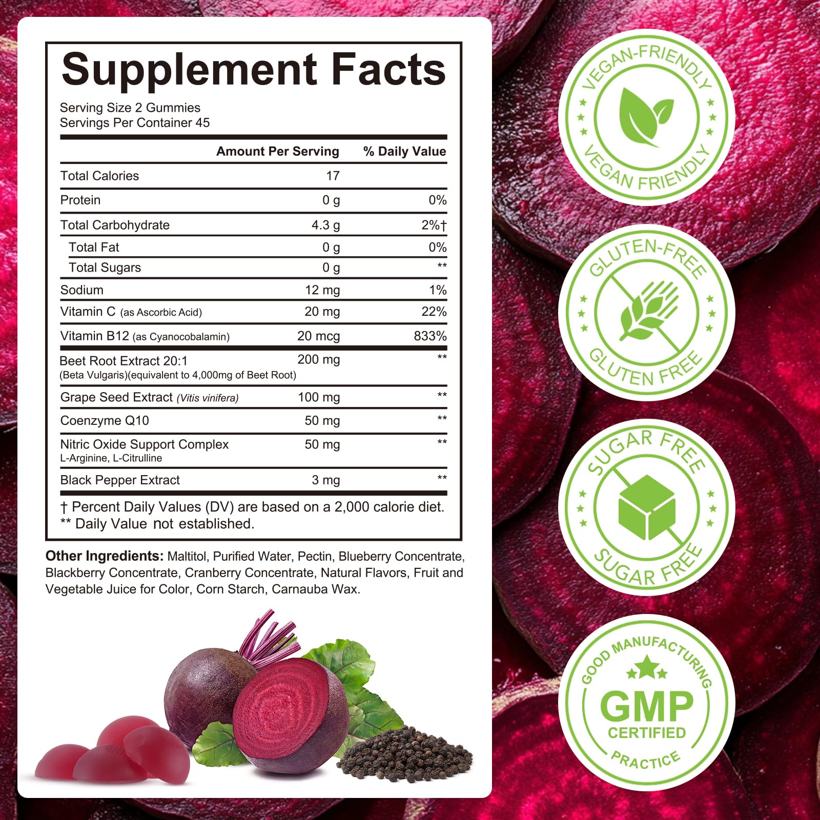 90 Chews Beet Root Gummies, Sugar Free | 8 in 1 Beet Root Extract with CoQ10, Grapeseed Extract 90 Chews for Antioxidant, Promoting Nitric Oxide, Energy Level Suport, with Vitamin B12, C