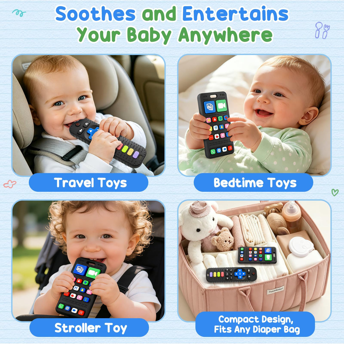 2 Pack Remote & Phone Teething Toys for 0-6 6-12 Months, BPA Free Silicone