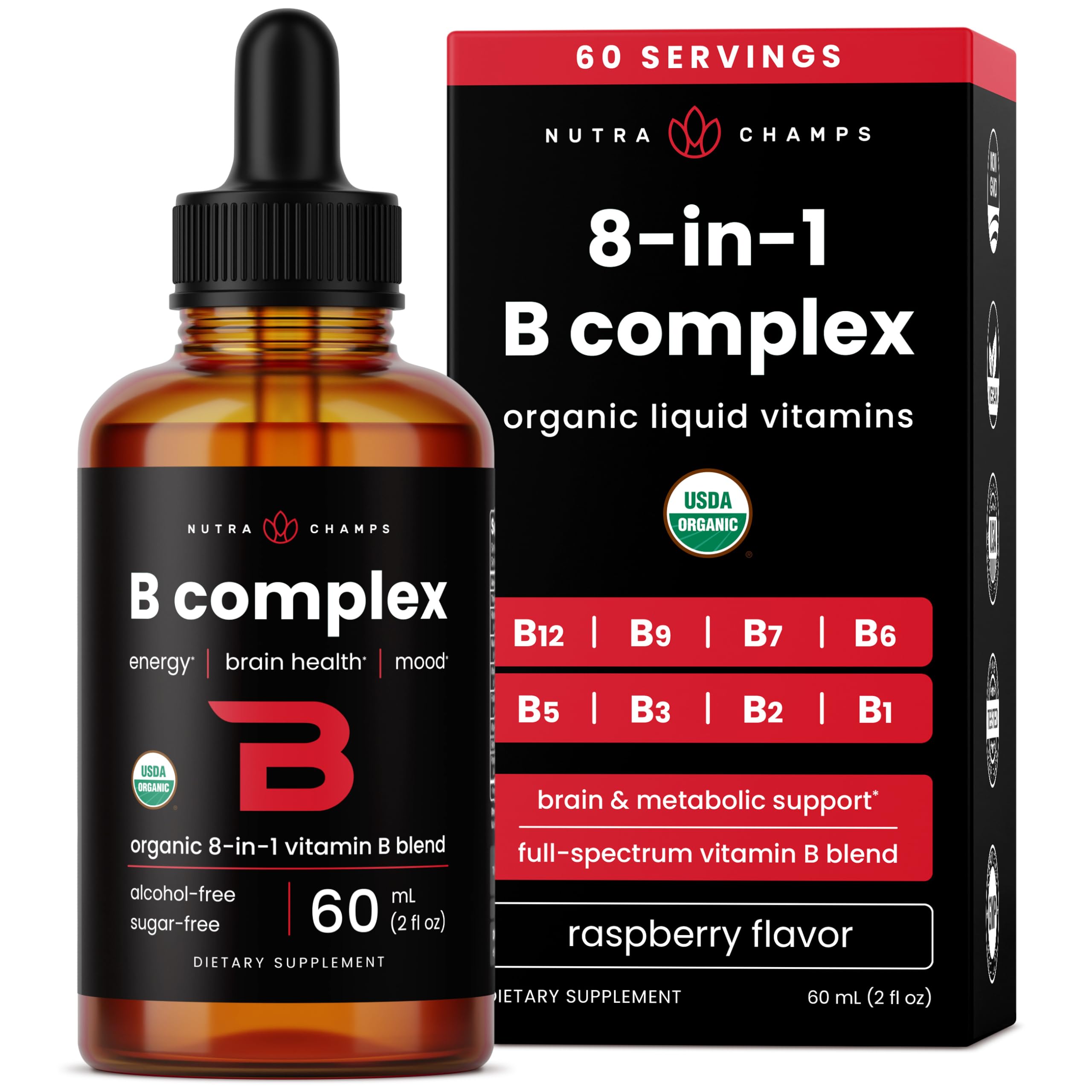 NutraChamps Organic Vitamin B Complex for Kids, B1, B2, B3, B6, B7, B9 & Methyl B12, Kids B Complex Liquid Drops Supplement, Energy, Focus, Metabolism, Natural Berry, 120 Servings, 4 Month Supply