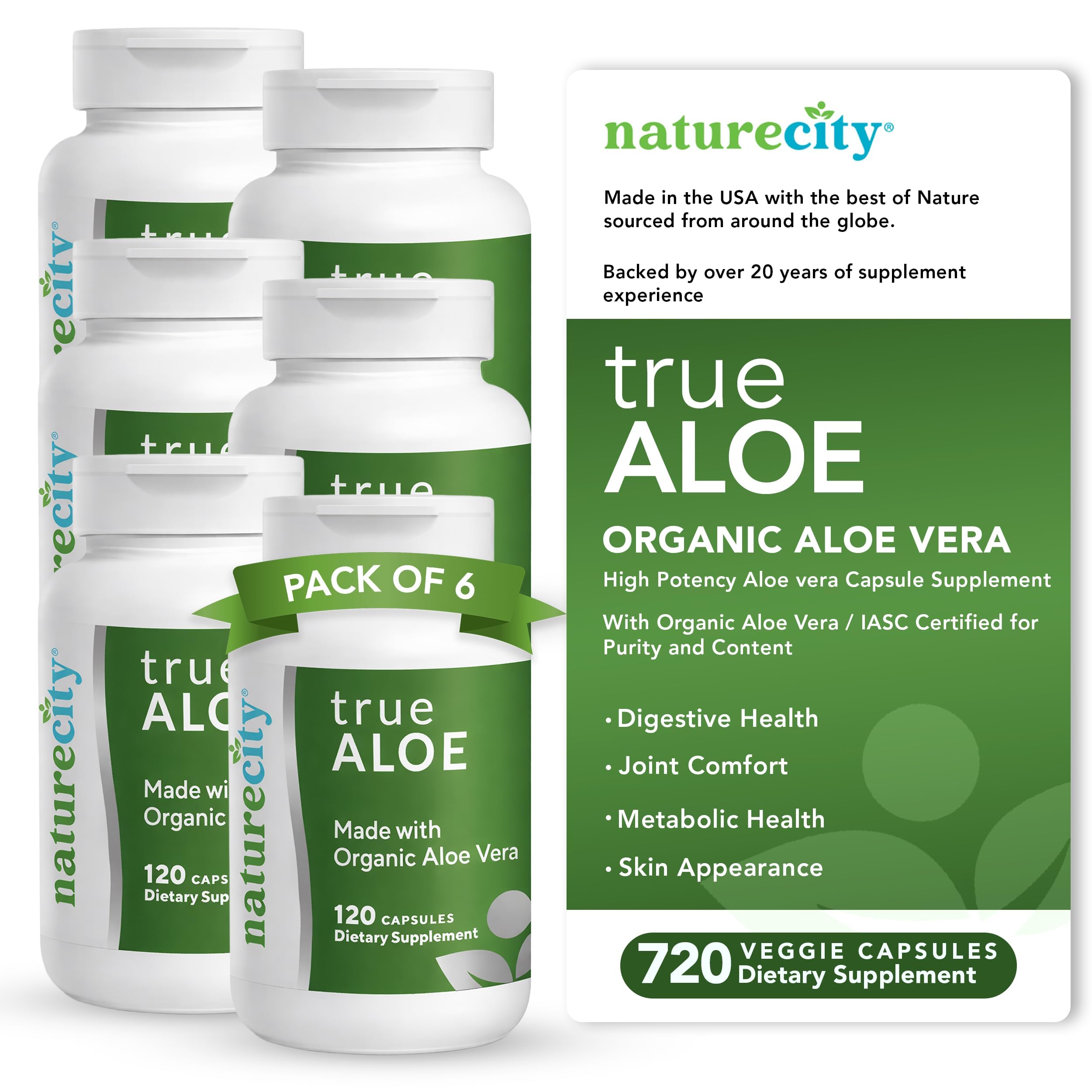 TrueAloe Organic Aloe Vera Capsules - Supports Digestive Balance, Joints and Stomach Comfort - Plant-Based Aloe Barbadensis Powder - Easy-to-Swallow Single Ingredient Formula - 720 Caps