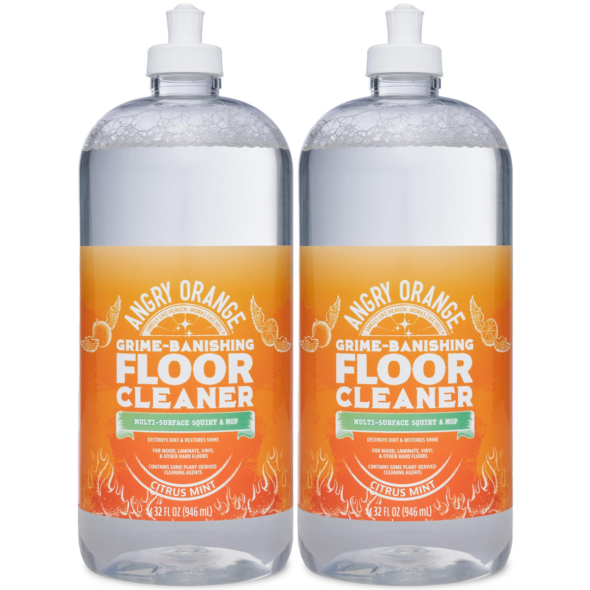 ANGRY ORANGE Hardwood Floor Cleaner - No-Rinse, Pet-Safe, Residue Free Multi-surface Cleaning Solution for Pet Urine, Grime & Everyday Dirt - Made in USA - Citrus Mint - 32 oz - Value 2 Pack