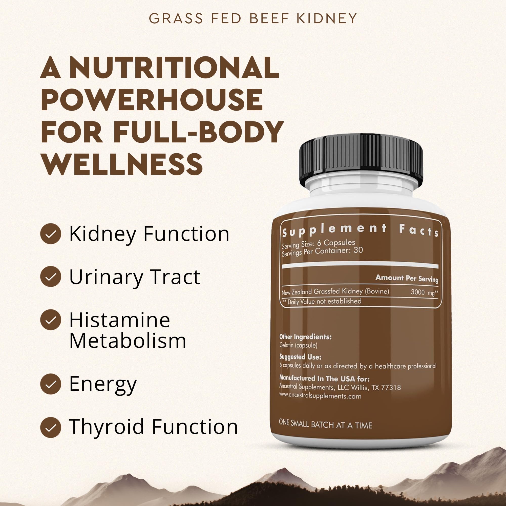Ancestral Supplements Grass Fed Beef Kidney Supplement, 3000mg, 180 Ct | DAO enzyme-rich formula for kidney support and kidney health, promoting urinary & histamine balance with B12.