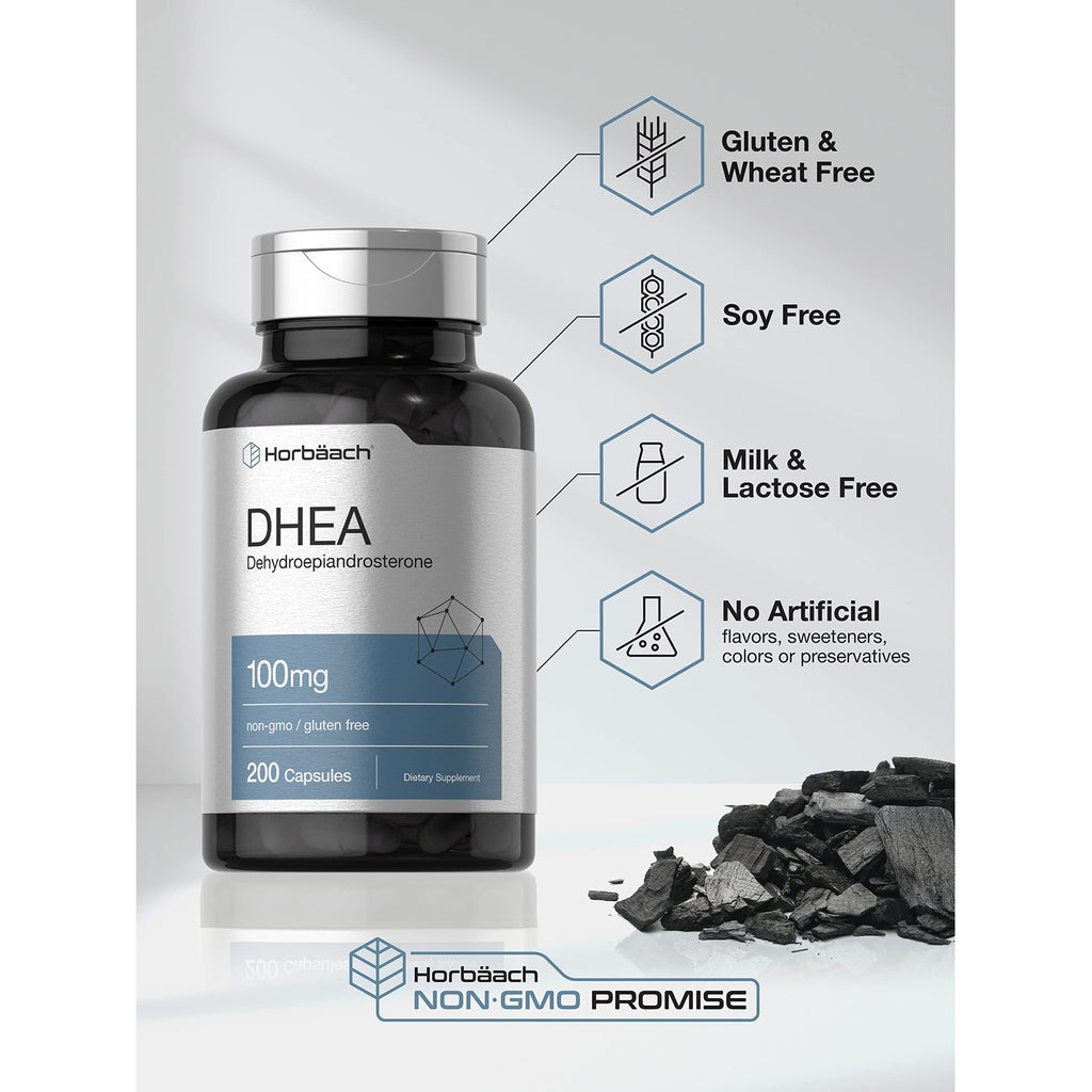Horbäach DHEA 100mg | 200 Capsules | Supplement for Men and Women | Non-GMO, Gluten Free