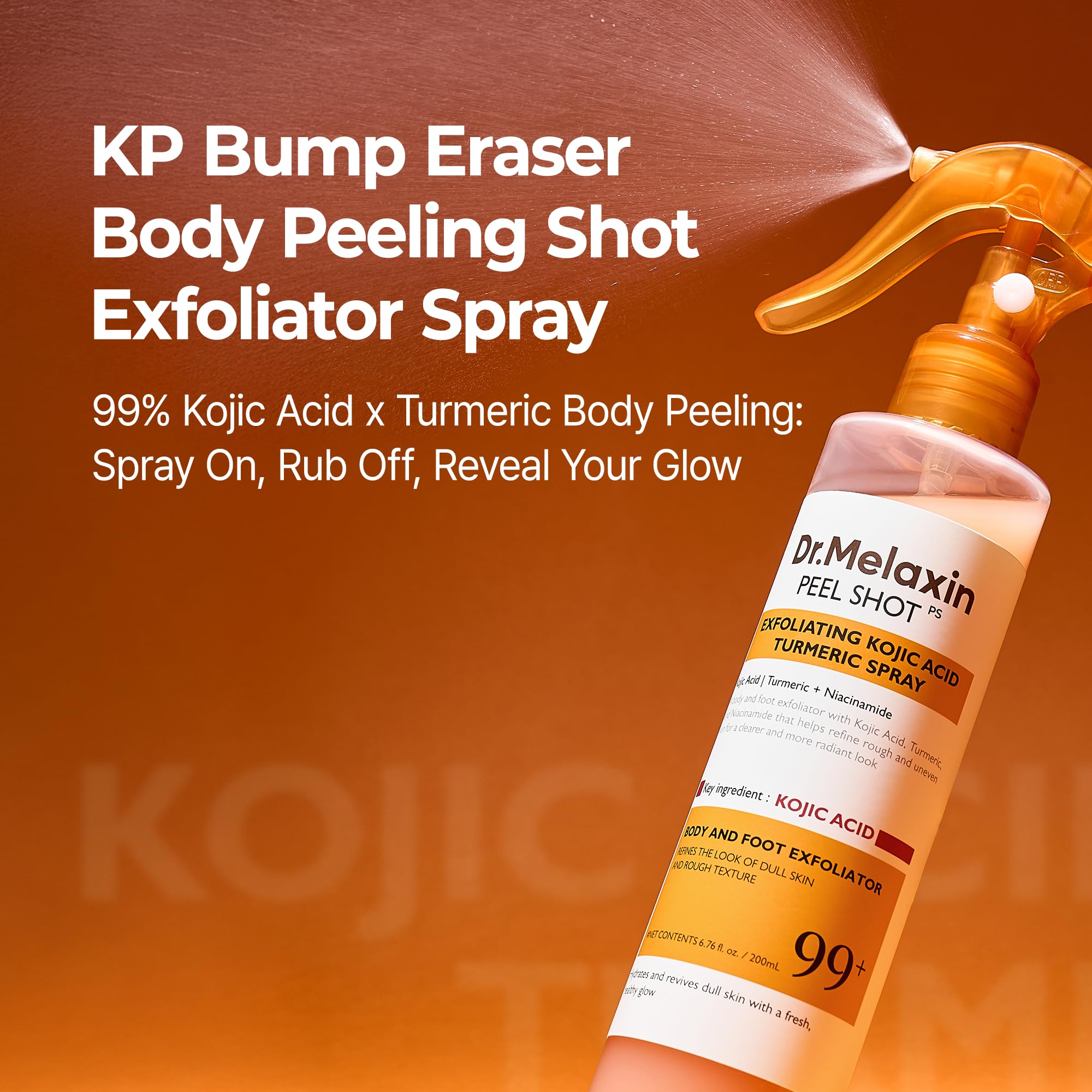 Dr.Melaxin Peel Shot Kojic Acid Turmeric Body Exfoliator Spray 6.76 fl.oz - AHA PHA Niacinamide Body Scrub for KP Bumps, Dark Spots, Uneven Skin Tone, Dead Skin, Korean Skin Care