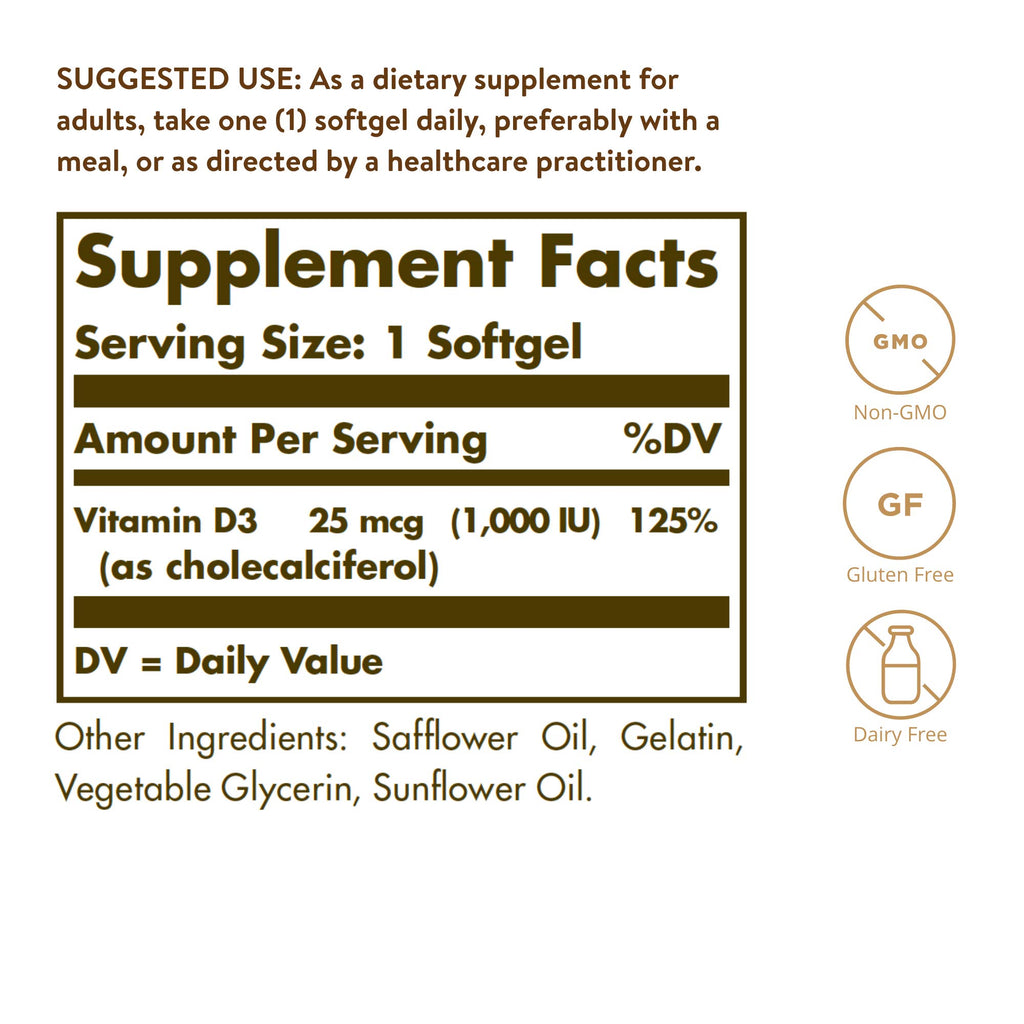 Solgar Vitamin D3 (Cholecalciferol) 25 MCG (1000 IU), 250 Servings | Helps Maintain Healthy Bones & Teeth, Immune System Support, Non-GMO, Gluten Free, Dairy Free - 250 Softgels