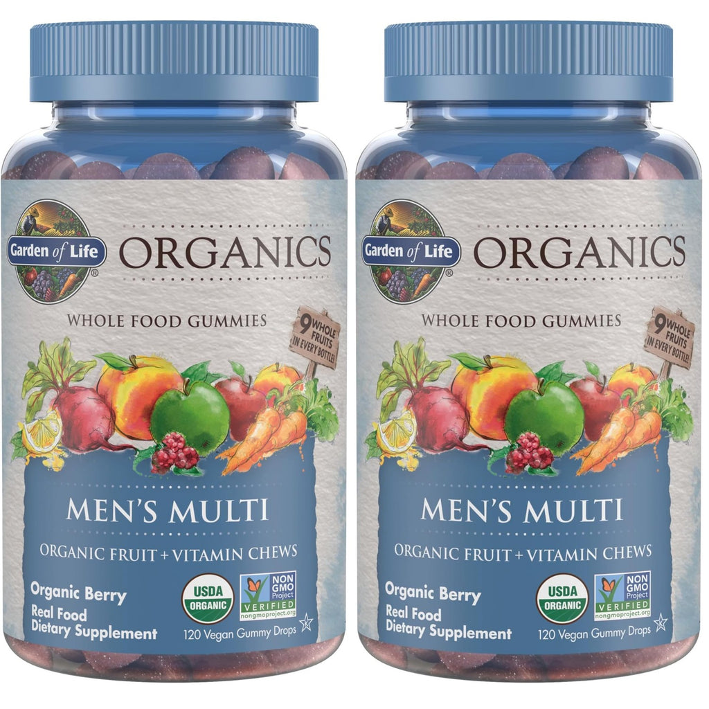 Garden of Life Organics Men's Gummy Vitamins - Berry - Certified Organic, Non-GMO, Vegan, Kosher Complete Multi - Methyl B12, C & D3 - Gluten, Soy & Dairy Free, 120 Real Fruit Chew Gummies