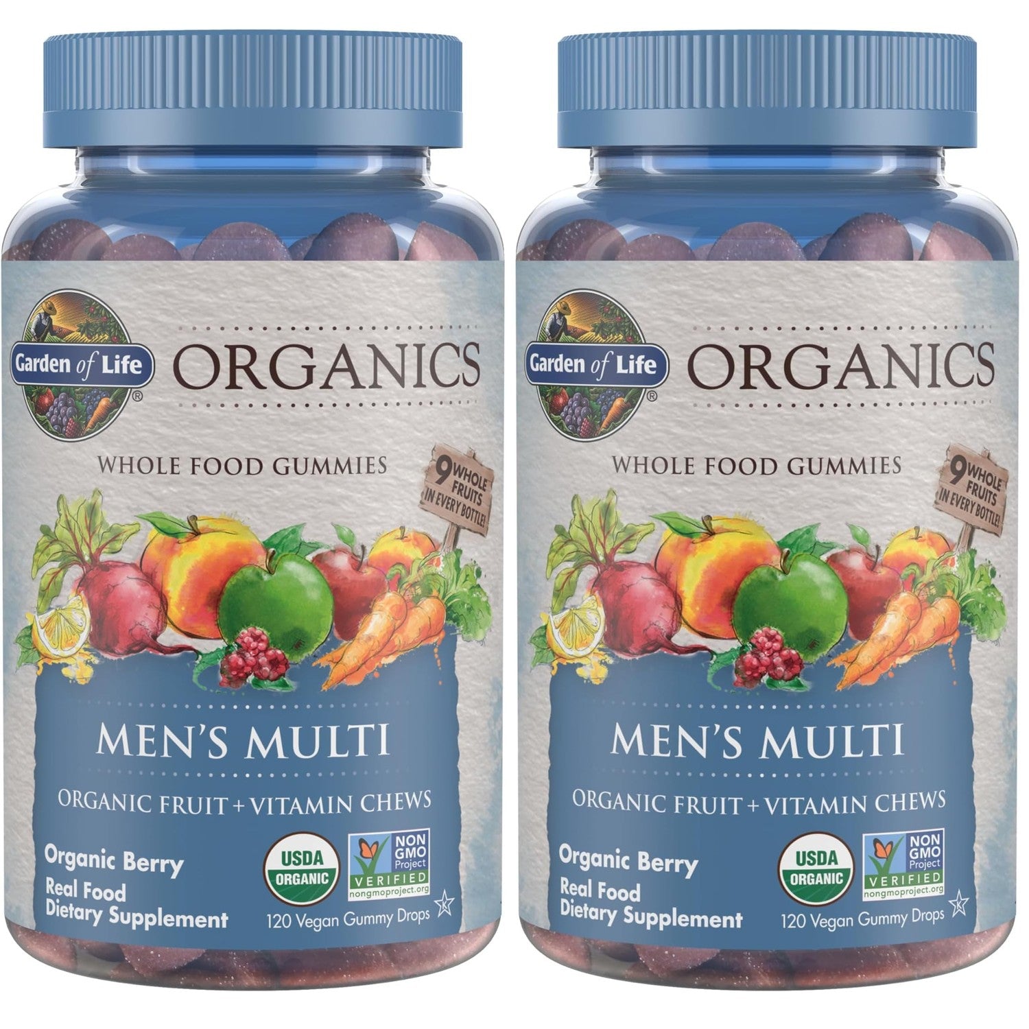 Garden of Life Organics Men's Gummy Vitamins - Berry - Certified Organic, Non-GMO, Vegan, Kosher Complete Multi - Methyl B12, C & D3 - Gluten, Soy & Dairy Free, 120 Real Fruit Chew Gummies