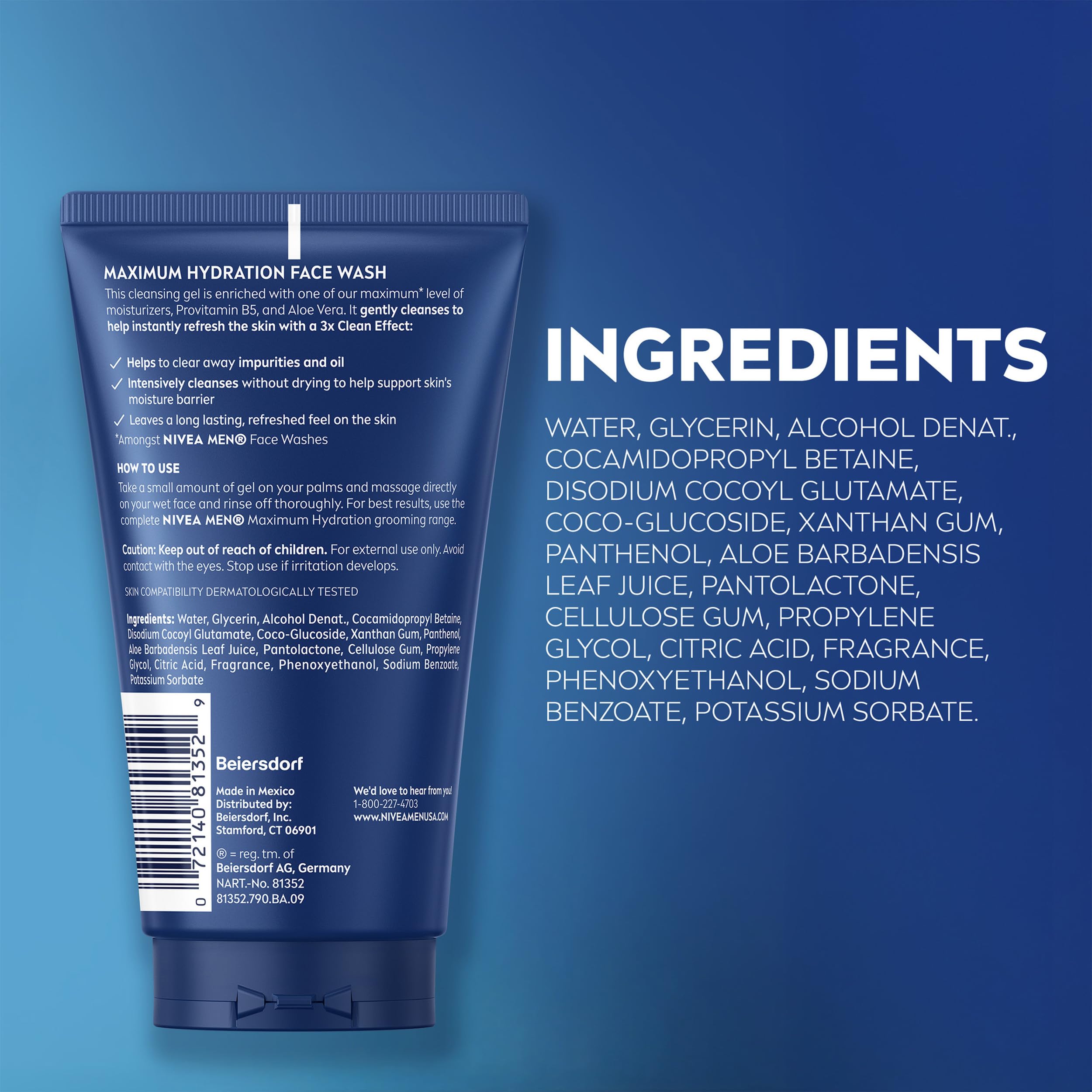 NIVEA MEN Maximum Hydration Face Wash, Provitamin B5 and Aloe Vera, 5 FL OZ | Hydrating Face Wash for Men, Provitamin B5 and Aloe Vera, Refreshes and Cleanses without Drying, Dermatologically Tested