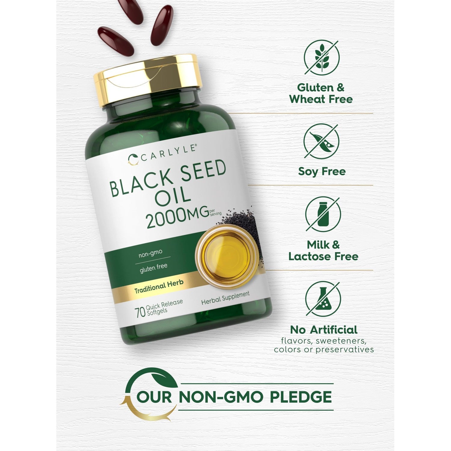 Carlyle Black Seed Oil Softgel Capsules | 2000mg | 70 Pills | For Women & Men | Non-GMO, Gluten Free Herbal Supplement