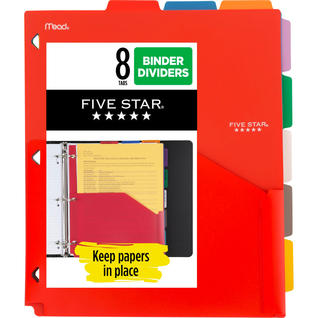 Five Star 8-Tab Binder Pocket Dividers, Plastic Tabbed Divider with Pocket, 9-3/4" x 11", 3-Hole Punched, 8 Count, Assorted Colors (201590)